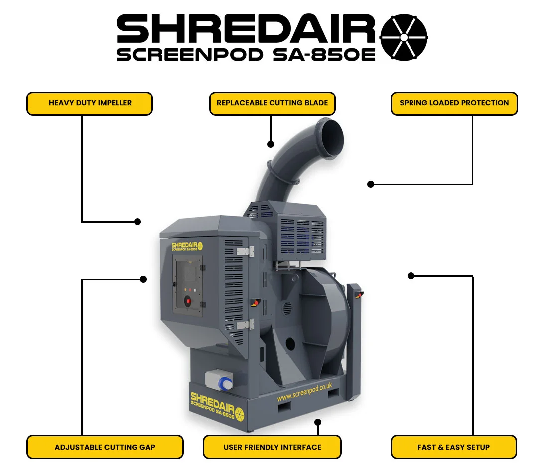 Screenpod ShredAir SA-850E õhkeraldusseade tööolukorras